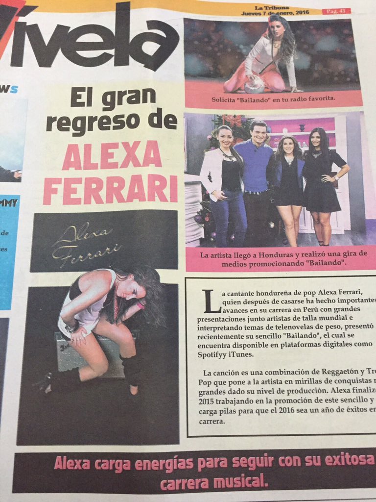 AlexaFerrari's tweet photo. Grax @revistavivela @LaTribunahn por la notaMuchas sorpresas mas por venir #Bailando #AlexaFerrari Arriba #Honduras https://t.co/kMYqyqmjzu