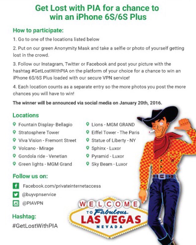 buyvpnservice's tweet image. For CES 2016 Come to the South Hall of the LVCC to get your mask! #ces2016 #privateinternetaccess #getlostwithpia