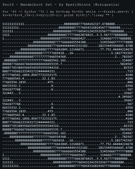 perl6hints's tweet image. The Mandelbrot set #fractal complete algorithm implemented in less than 140 chars with #Perl6 native Complex Numbers