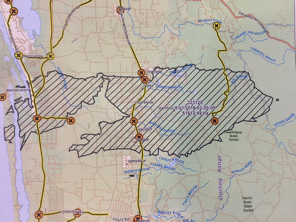 Map Waroona Fire burning in Western Australia estimated at more than