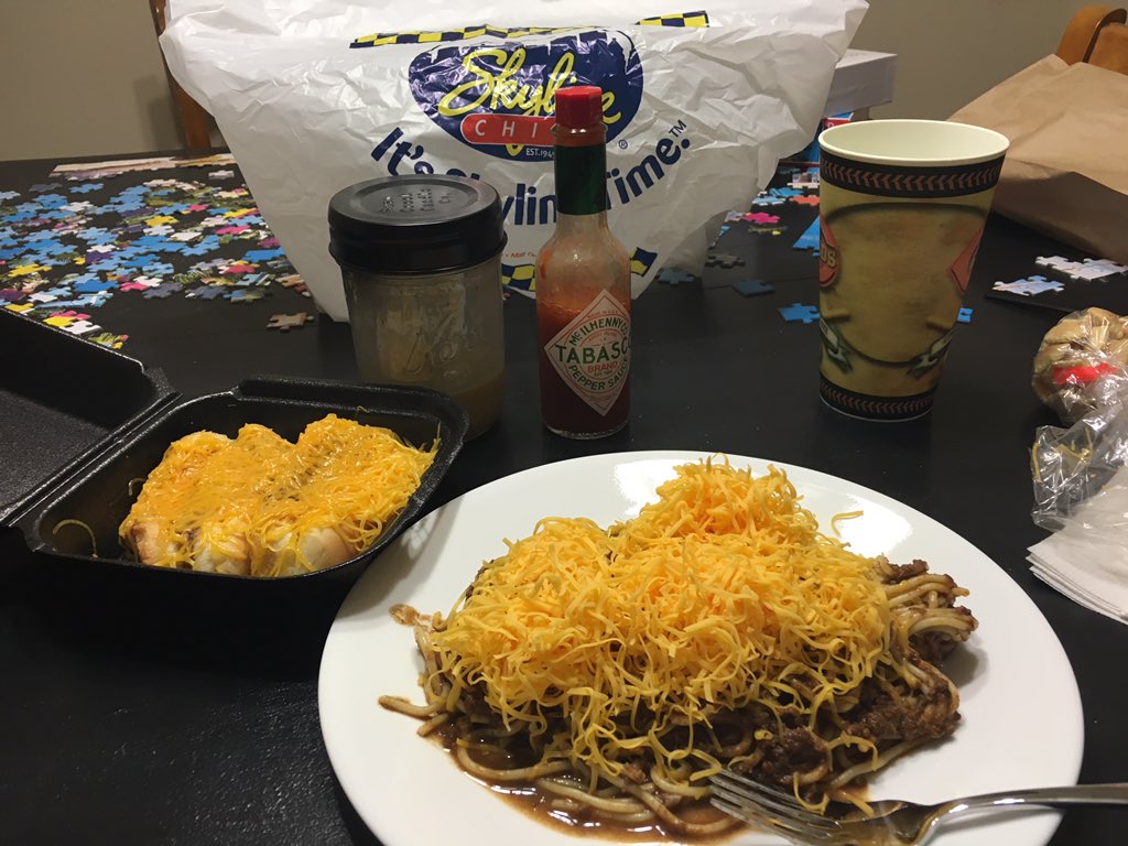 MikeTheobald21's tweet image. My first true love and I having a romantic dinner. #FiveOneThree @Skyline_Chili