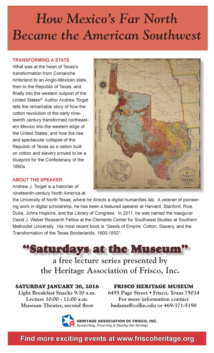 Frisco Heritage (@friscoheritage) on Twitter photo Our first "Saturdays at the Museum" lecture of 2016 will be on Sat, Jan 30 with <a href="/andrewtorget/">Andrew J. Torget</a>. Our first "Saturdays at the Museum" lecture of 2016 will be on Sat, Jan 30 with <a href="/andrewtorget/">Andrew J. Torget</a>.