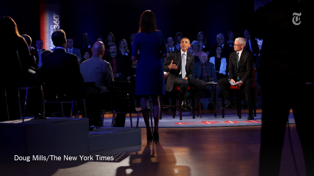nytimes's tweet photo. At televised town hall event, Obama pleads for stricter gun laws https://t.co/jtetCXq83u #GunsInAmerica https://t.co/a9mj4qCZcL