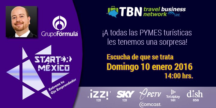 TBNinter's tweet photo. No dejes de escuchar el emprendimiento que ayuda al sector #turismo Dom 10 Ene 2016 14:00 hrs en #tvformula #pymes https://t.co/P08dNu5jwb