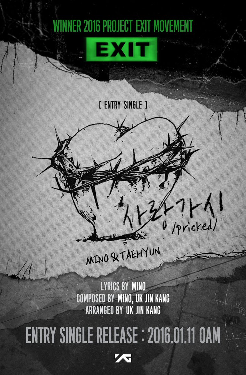 1theK's tweet photo. #CantWait! #WINNER drops their ENTRY SINGLE, '#사랑가시(#PRICKED)' teaser image! #MINO #TAEHYUN 20160111 0AM https://t.co/Zya9PUH89G