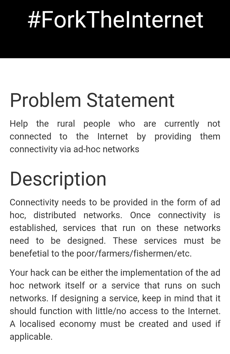 abhi12ravi's tweet photo. Problem statement for #FreedomHack is out. Setting up ad-hoc networks in rural areas! #ForkTheInternet 😎 https://t.co/TVLc6HZELO