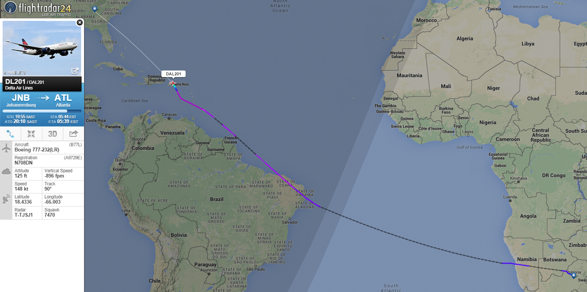 Delta flight DL201 from Johannesburg to Atlanta diverted to San Juan
