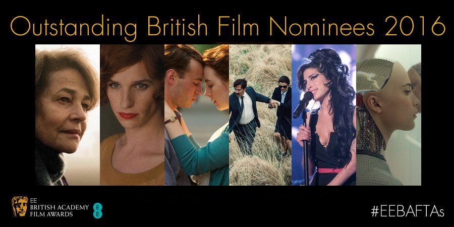BAFTA's tweet photo. Outstanding British Film: 45 Years, The Danish Girl, Brooklyn, The Lobster, Amy and Ex Machina #EEBAFTAs https://t.co/Z3ATjLqCRj