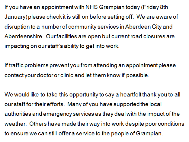 Advice for patients who have an appointment with <a href="/NHSGrampian/">NHS Grampian</a> TODAY - <a href="/AberdeenCC/">Aberdeen City Council</a> <a href="/Aberdeenshire/">Aberdeenshire Council</a>