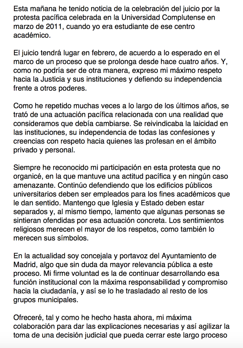 Rita_Maestre's tweet photo. Os dejo mi explicación sobre la notificación que he recibido hoy. Seguimos! https://t.co/x5DSNLZRWa