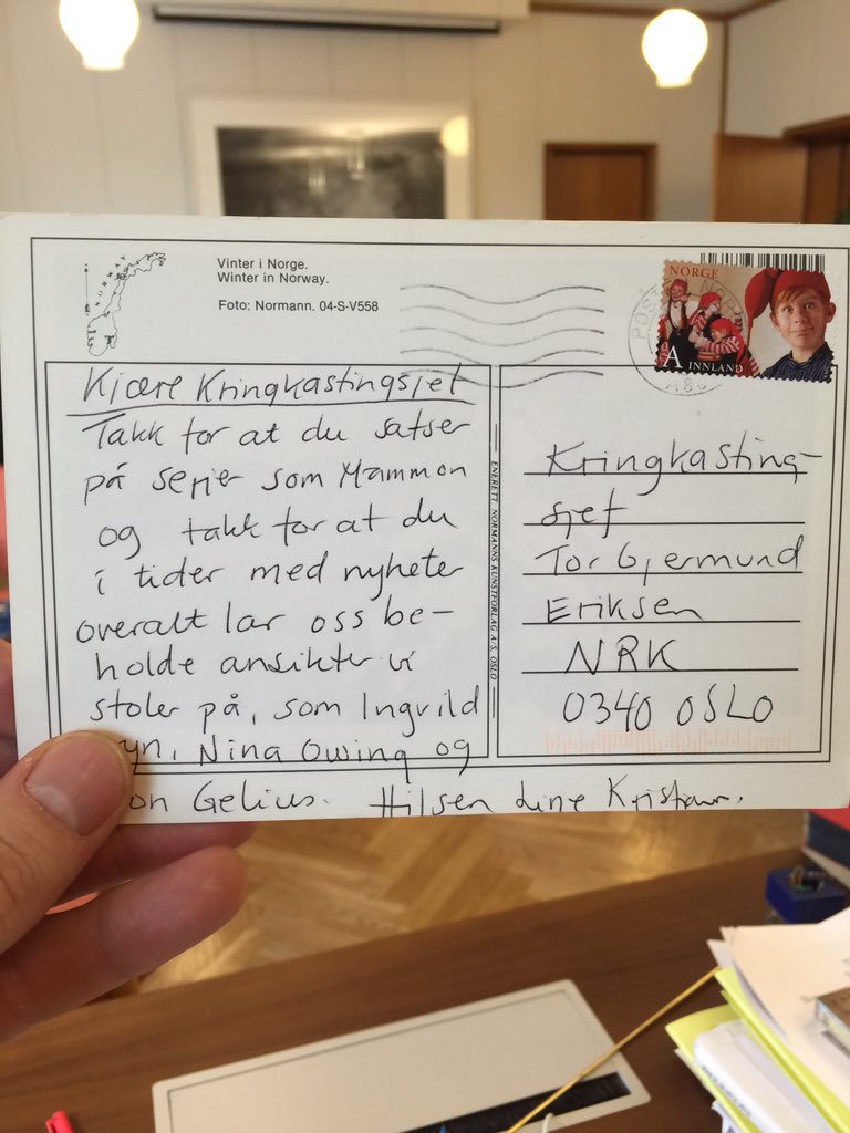 Alltid hyggelig å komme på jobb når det ligger slike kort på pulten. Takk til Line Kristiansen!