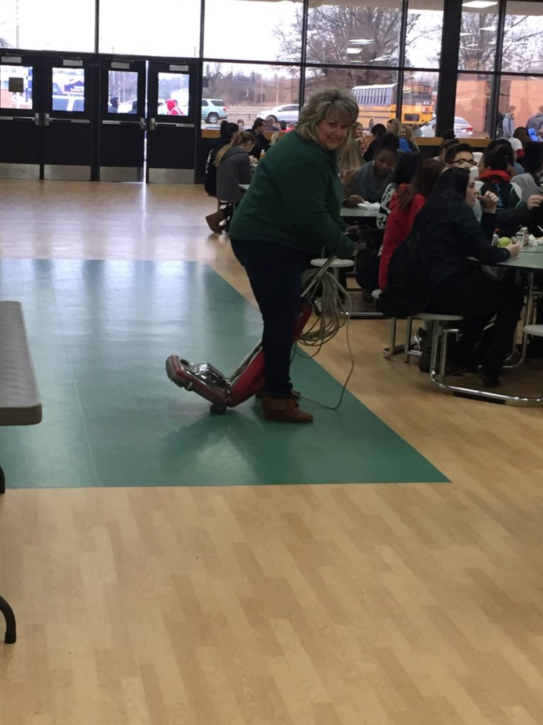 mhsgunit's tweet photo. Ms. Charboneau doing some cleaning during lunch! #muskogeeroughers https://t.co/8zzlOEjXZq