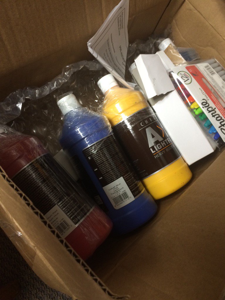 Artsedcamp's tweet photo. Our paint supplies for artsedcamp2016 have arrived. Can't wait for Sunday! https://t.co/40Eqbz275M
