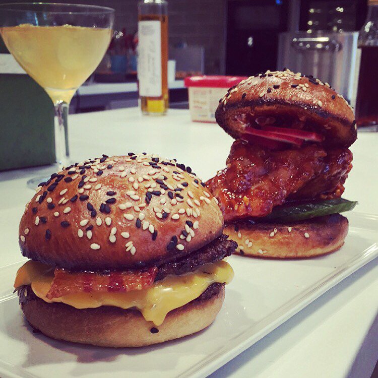 rustledupfood's tweet photo. Dry aged rib eye bacon double cheeseburger, Korean fried chicken, picked radish #sliders #brioche #rustledup #hello https://t.co/l6dgZvbppn