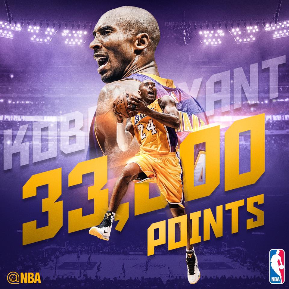 NBA's tweet photo. Mamba milestone: @KobeBryant has joined @kaj33 &amp; @TheDeliverer_32 as the only members of the 33,000-point club! https://t.co/nSB347MJOz