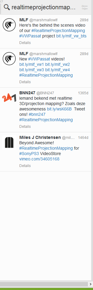 HaavardTveito's tweet photo. Really cool to see that a Tweetdeck column on #RealtimeProjectionMapping only shows 4 results All by @marshmallowlf https://t.co/SWDgbfCXpA