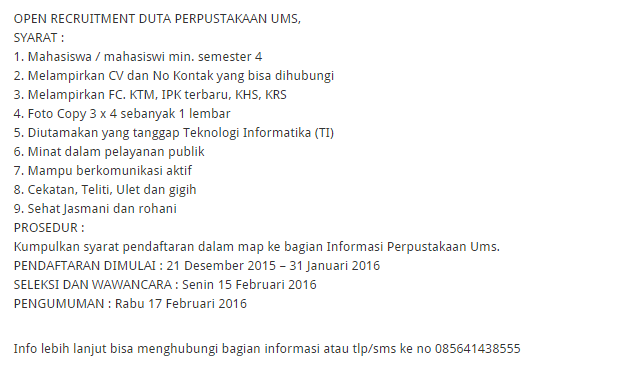 rapmafm's tweet photo. Open Recruitmen Duta Perpustakaan UMS https://t.co/bxRhdootsz 
Yukk gaes daftar nii ..
#SUDUTKAMPUS https://t.co/ZJBpQ3Zncj