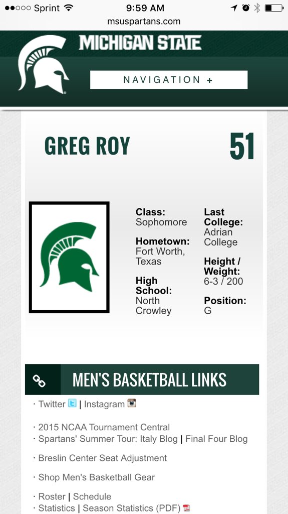 thevannzee's tweet photo. #GregRoy now appears on the @MSU_Basketball roster online. @AdrianCollege https://t.co/oTqsVvtov6