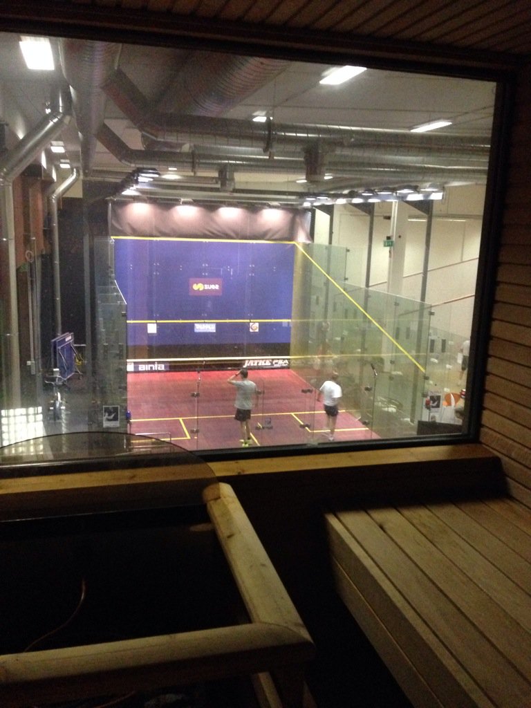 simposquash's tweet image. Only in Finland: a view if the show court from the Sauna!!!