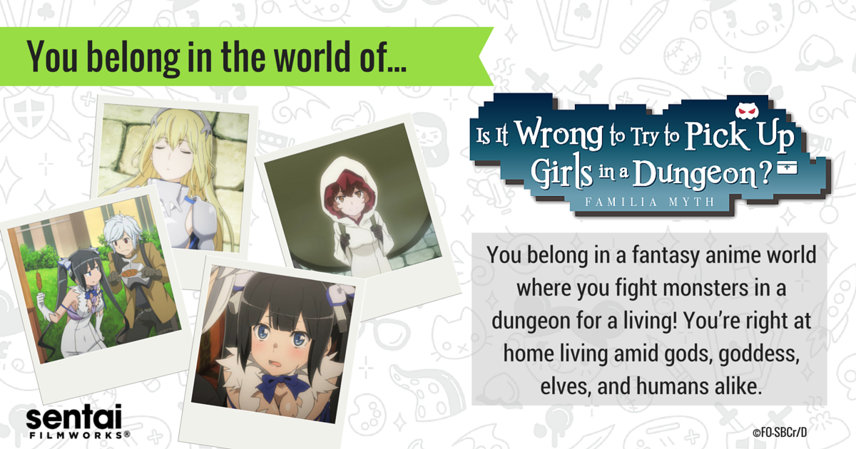 SentaiFilmworks's tweet photo. Looks like a lot of our fans are denizens of the #DanMachi world! #Sentai2015Quiz https://t.co/uCKHM2Bb0a https://t.co/7kOmD9qmAT