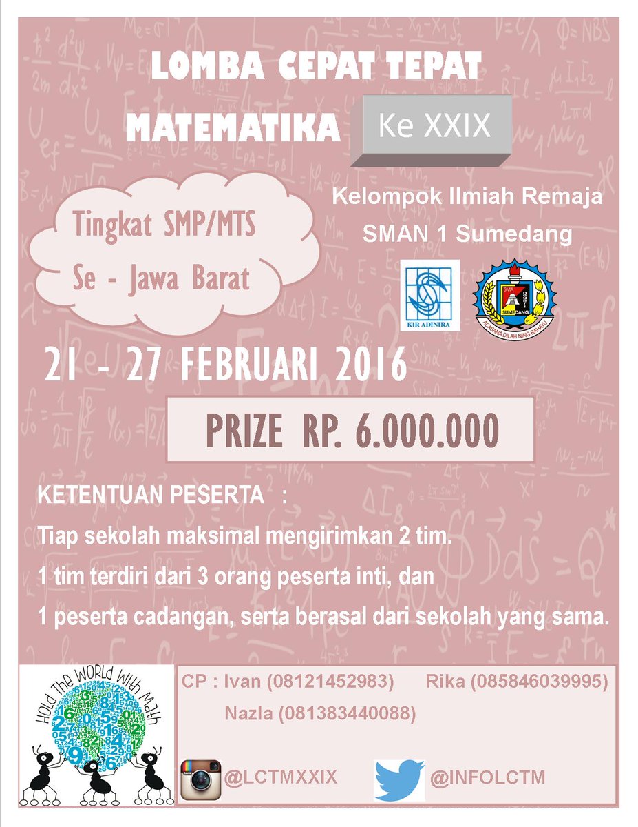 InfoLCTM's tweet photo. @SMPN1_CJR Suka matematika? Mau uji kemampuan? Ayo ikuti LCTM ke 29 dan uji kemampuan matematika kalian disini!🙌 https://t.co/kXQ5681Y23