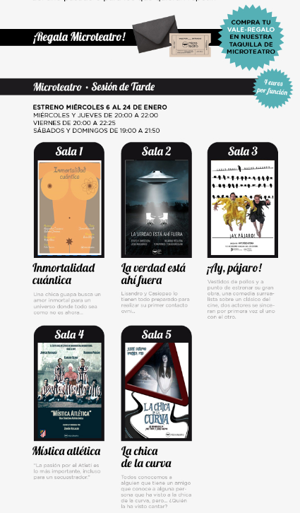 microteatro's tweet photo. Hoy #Microteatro en sesión de tarde 
#MicroInmortalidad #MicroVerdad #MicroPájaro #MicroMística #MicroChicaCurva https://t.co/QQWU0sFHDT