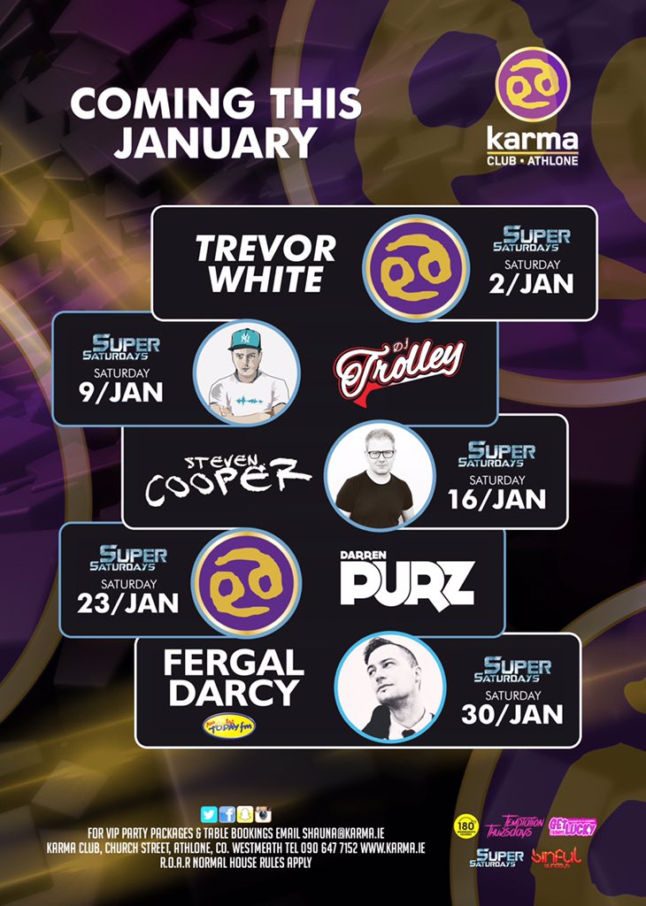 KarmaAthlone1's tweet photo. @djtrolley takes over @KarmaAthlone1 tomorrow night for #SuperSaturday its going to be an amazing night 😃 https://t.co/iySUCrJg4R