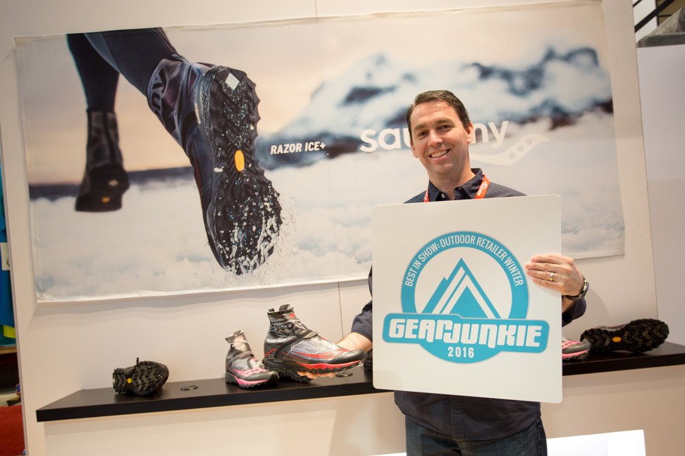 RemedyPR's tweet photo. RT @TheGearJunkie: #BestInShow awarded to @saucony for the Razor Ice+, a new winter running shoe. #ORshow #ORWM16 https://t.co/CNNhdZPyy6