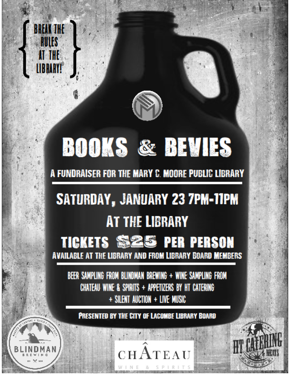 LacombeTourism's tweet photo. Mary C. Moore Library fundraiser: Books &amp; Bevies
Jan 23 7-11pm. Beer &amp; wine sampling, appies, auction, music &amp; more! https://t.co/CbnInnNVeu