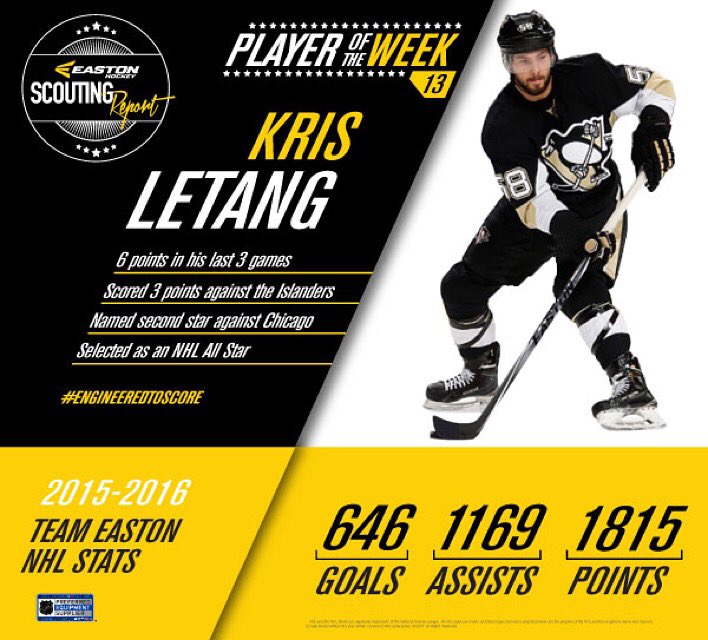 Easton_Hockey's tweet photo. Our Scouting Report for week 13 is live! Featuring the All Star Kris Letang. #synergyhtx #engineeredtoscore https://t.co/9A1DWHjteQ