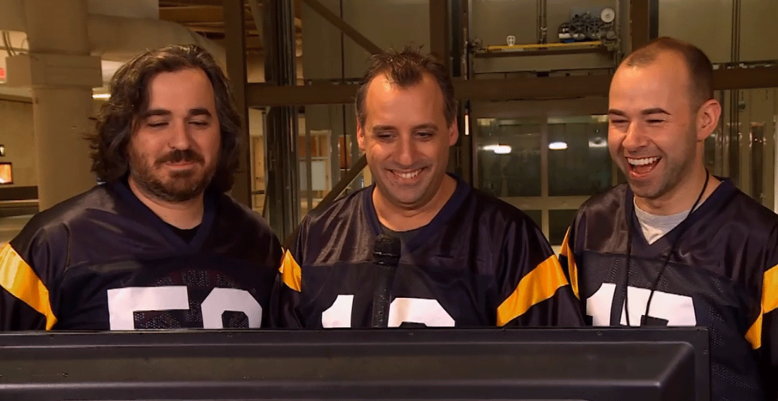 JokersTBS's tweet photo. Miss the #ImpracticalJokers Playoffs commercial? Watch their end zone celebration here: https://t.co/R8SikcgzV6 https://t.co/gzyrJjKTZ9