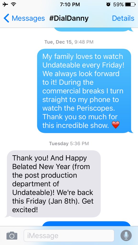 Undateable_Fans's tweet photo. had a little conversation with @NBCUndateable a couple days ago! you guys can still call/text them at (313) 525-2014 https://t.co/O11deIpWjx
