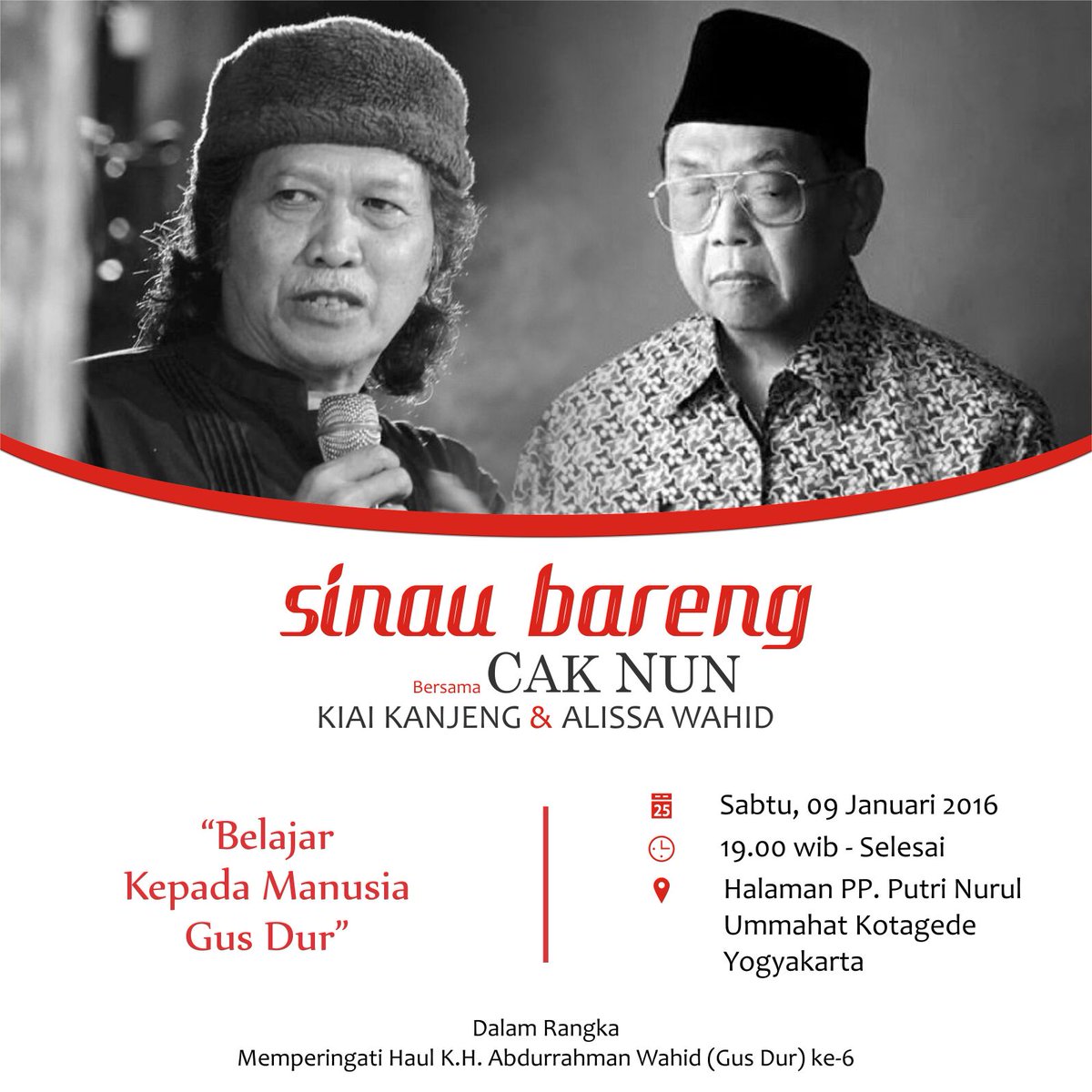 caknundotcom's tweet photo. MALAM INI jam 19:00, Sinau Bareng #CakNun "Belajar kepada Manusia Gus Dur", PP Nurul Ummahat Kotagede Jogja https://t.co/I5ElNsRy6X