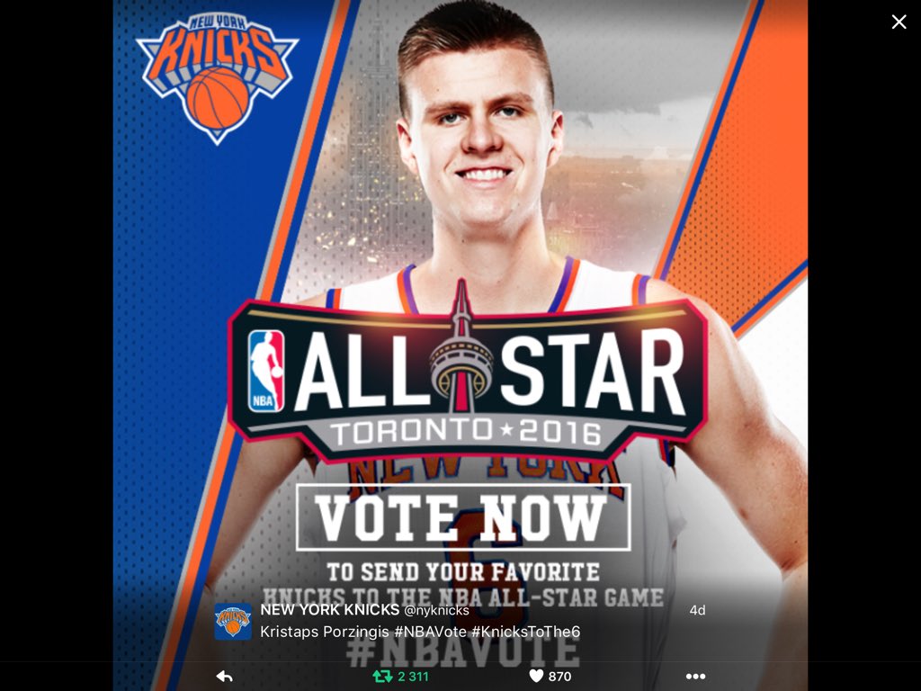 Ja <a href="/zemgus94/">Zemgus Girgensons</a> par NHL All-Star varējām iebalsot, tad varam arī Kristaps Porzingis par NBA All-Star! #NBAVote RT=Balss