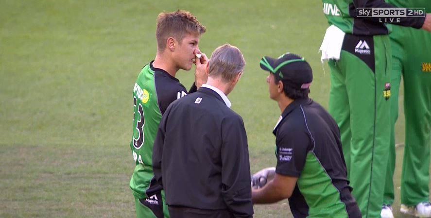 Bizarre dismissal in the #BBL05 as Adam Zampa runs out Peter Nevill by deflecting the ball off his nose onto stumps