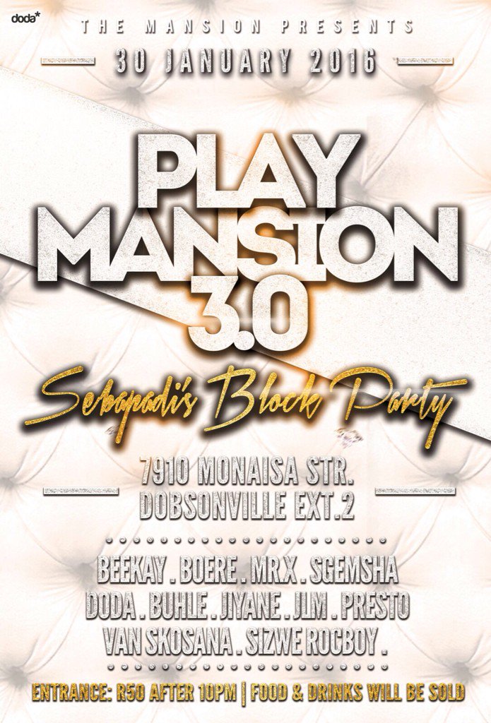 #PlayMansion 3.0
<a href="/VanSkosana/">💜 Date Mike, Nice To Meet Me</a>
@KooL_TaNk 
<a href="/Deejay_MrX/">DJ MR X</a> 
<a href="/DJ_Buhle/">LAY • LookAtYou 💫</a> 
<a href="/SizweRocBoy/">Rocky</a>
<a href="/Mr_Presto21/">️ Major™</a> 
<a href="/Dj_Sgemsha/">Bonga</a>