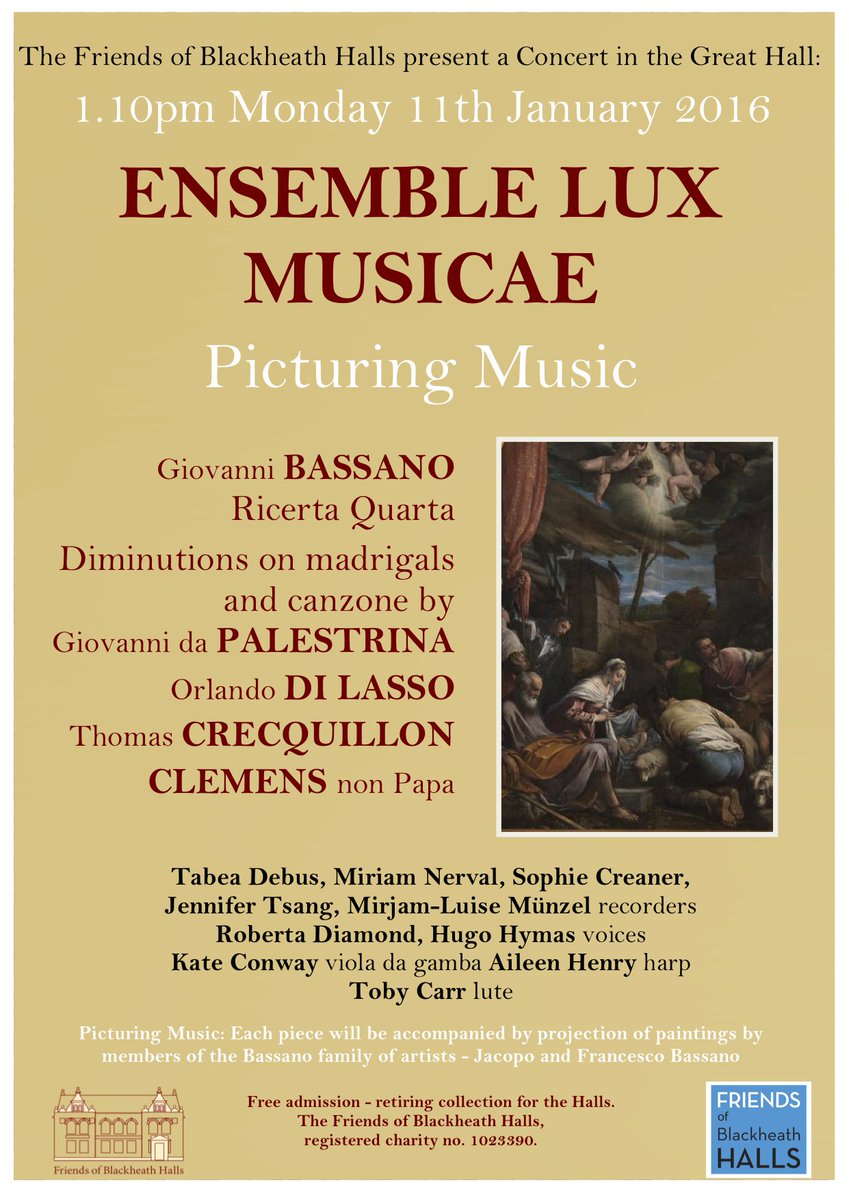 TomButler36's tweet photo. Lunchtime concert Blackheath Halls 'Picturing Music'. 16 c. music by Giovanni Bassano - paintings by Jacopo Bassano. https://t.co/VA5EO7uF36