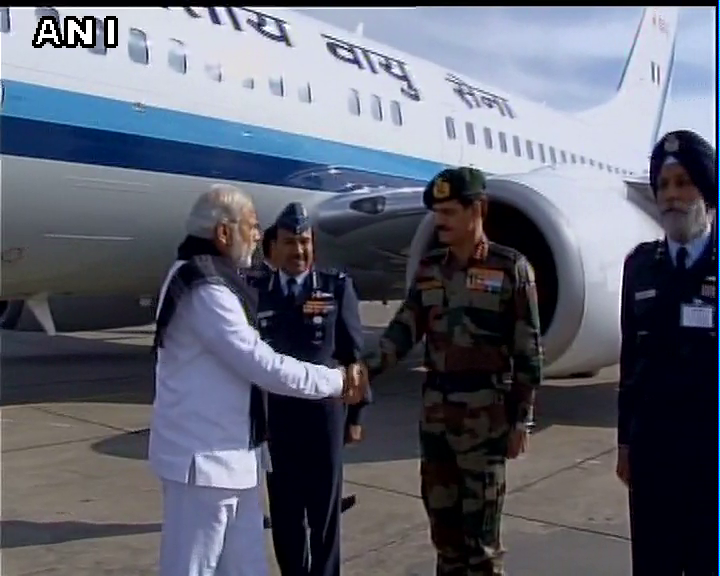 ANI's tweet photo. PM Modi visited #Pathankot Air base today, was received by the Chiefs of Defence Forces on his arrival(Source: PMO) https://t.co/4kp57QkyPU