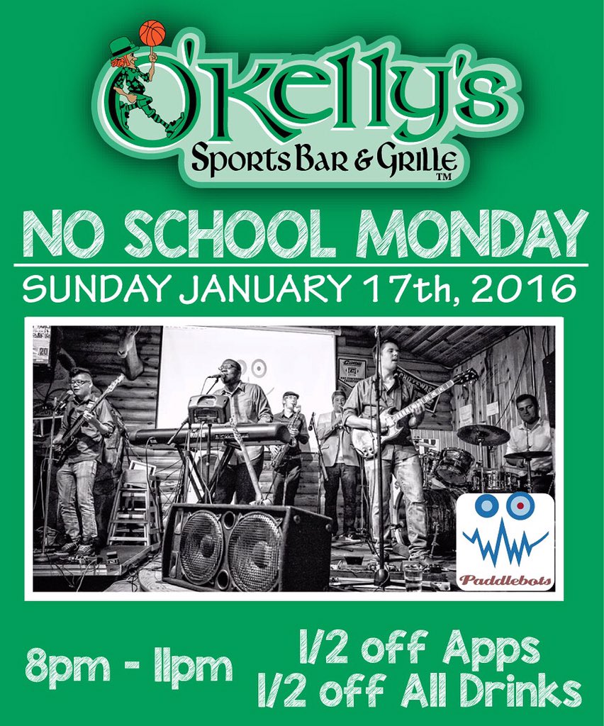 Okellysmtp's tweet photo. Next Sunday:1/2 off drinks 🍺🍷🍸🍹

Legit one of the best bands you will hear! #paddlebots @Thebuck1 

HUGE bar night! https://t.co/A78009GggE