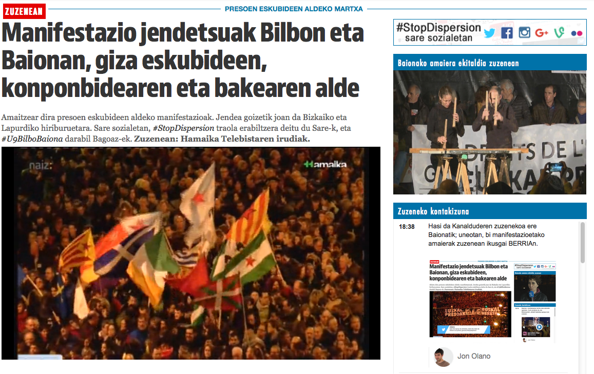 BERRIAren webean orain Baionako eta Bilboko manifestazioak ikusgai, zuzenean #STOPdispersion Berria.eus