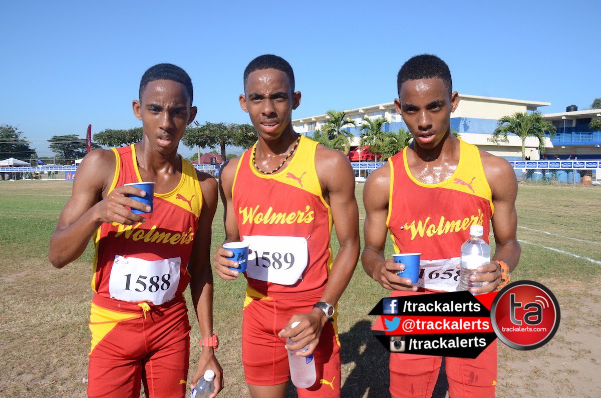 trackalerts's tweet photo. @Wolmer's triplets, l-r, David-Asher, Marc-Anthony and Jon-Michael Davis after running the 5,000m open at #JCMeet https://t.co/TUeDOYlHrd