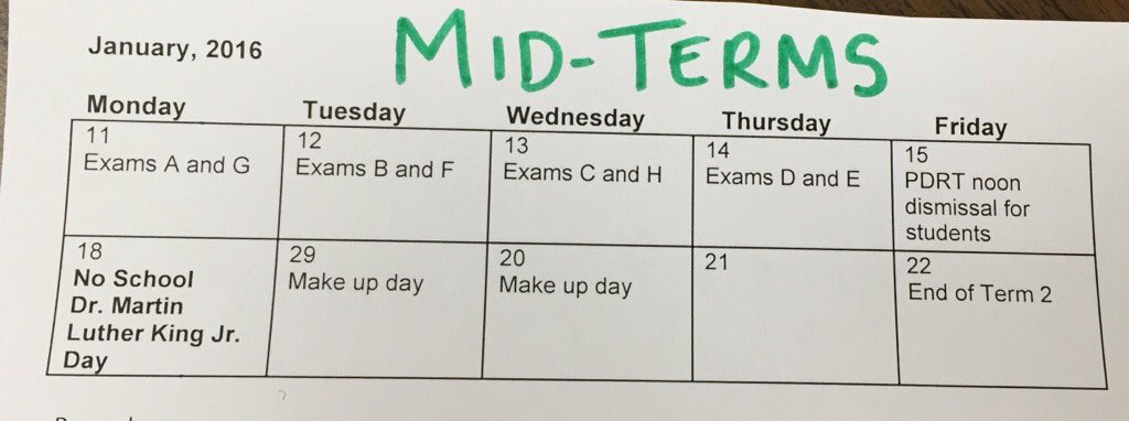 MrsBrennanWPS's tweet photo. Midterm exam schedule @walthamhs @Mr_Gelinas_WHS @WalthamHigh2017 @WalthamHigh2016 @WHS2018class @2019_WalthamHS https://t.co/9vdGzJ9GCI