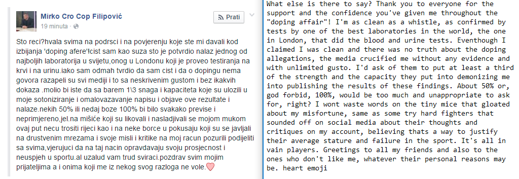 Ha55le's tweet photo. @joerogan crocop doping allegations turned out to be false.I translated his FB statement about the findings for ya https://t.co/6Y9cSlD0yH