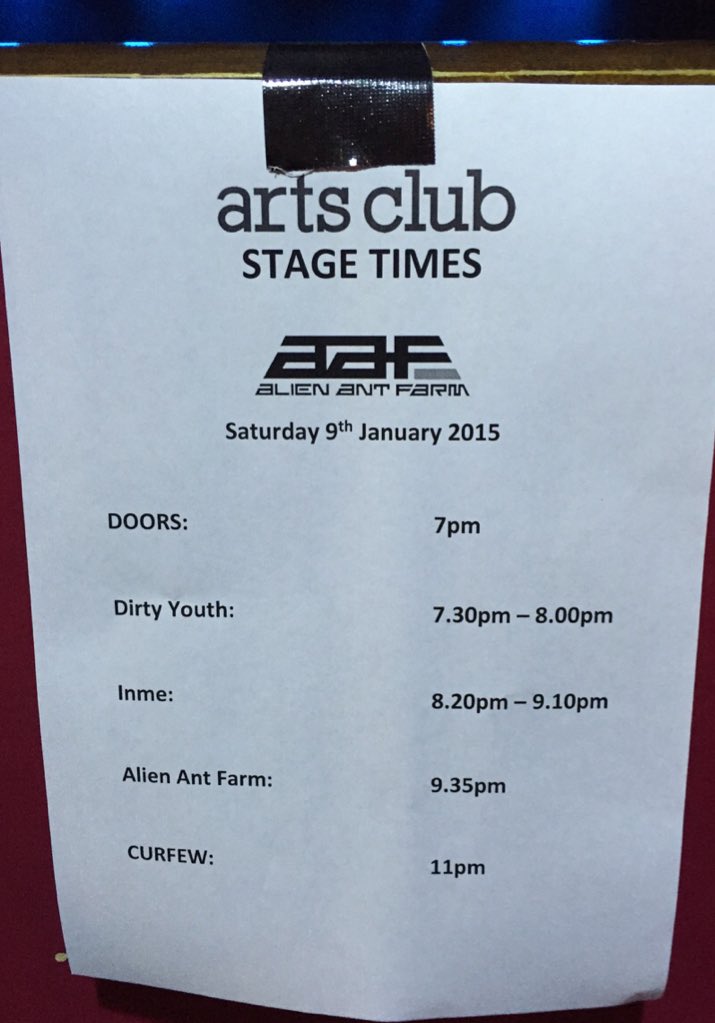 TheVenueCollect's tweet photo. Stage times for tonight's @alienantfarm gig @ArtsClubHQ https://t.co/RbOviJqZLj