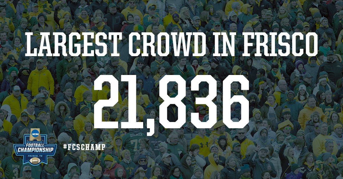 NCAA_FCS's tweet photo. THANK YOU, FANS!

Today's crowd is the largest to ever watch the #FCSChamp in Frisco! https://t.co/4PK7yydeL5