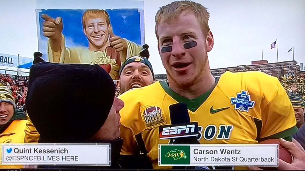 RedditCFB's tweet image. This sign had serendipitous timing, coming immediately after Wentz said he "trusts the Lord" #FCSChamp #NDSUBison