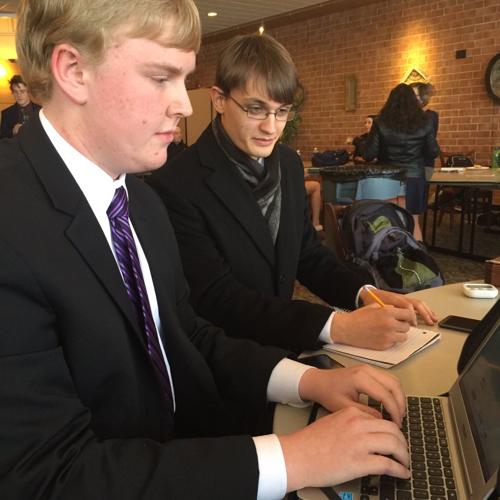 TeachSutherland's tweet photo. Joe &amp; Collin just won the quarterfinal round 3-0! Prepping for semifinals at IHSSA state Public Forum! @NHSDeanTeam https://t.co/hZfUu6vUzO