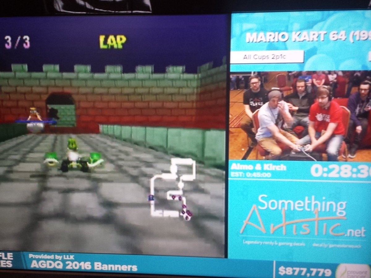 TappedWebz's tweet image. 2 players 1 controller on Mario Kart 64. Insanity! #AGDQ2016