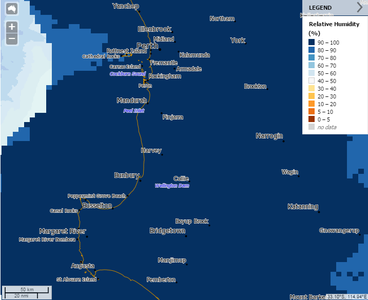 abcperth's tweet photo. #WA Prevailing winds (blue arrows) and humidity today near #WaroonaFire #HarveyFire
https://t.co/BzNqqZBWqo https://t.co/BVXQJvsN93