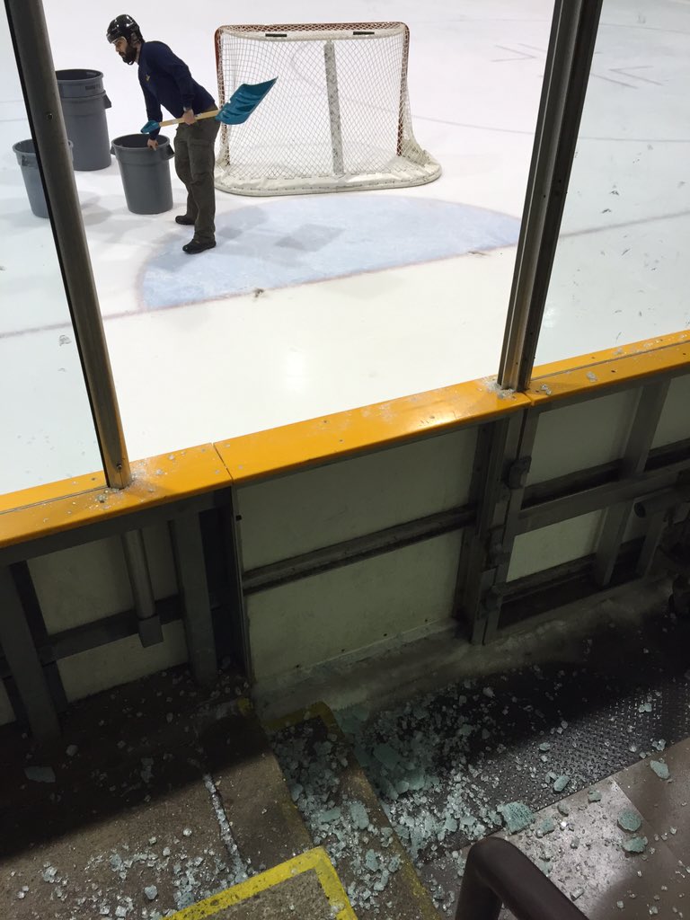 WLUAthletics's tweet photo. MHKY - The damage courtesy of @PushInBoots! Big thanks to the @citywaterloo Staff for getting things cleaned up https://t.co/4HQN7tozp3